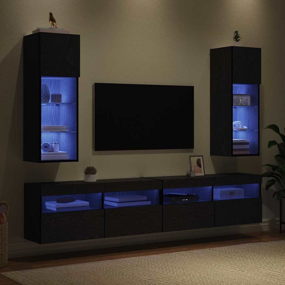 vidaXL Single Door 3 Shelf Black Oak Wall Mounted LED TV Unit Set of 2 Image 9