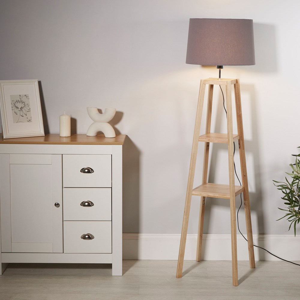 Lighting Collection Harvey 2 Shelf Grey Fabric Drum Shade Wood Shelf Floor Lamp Image 2