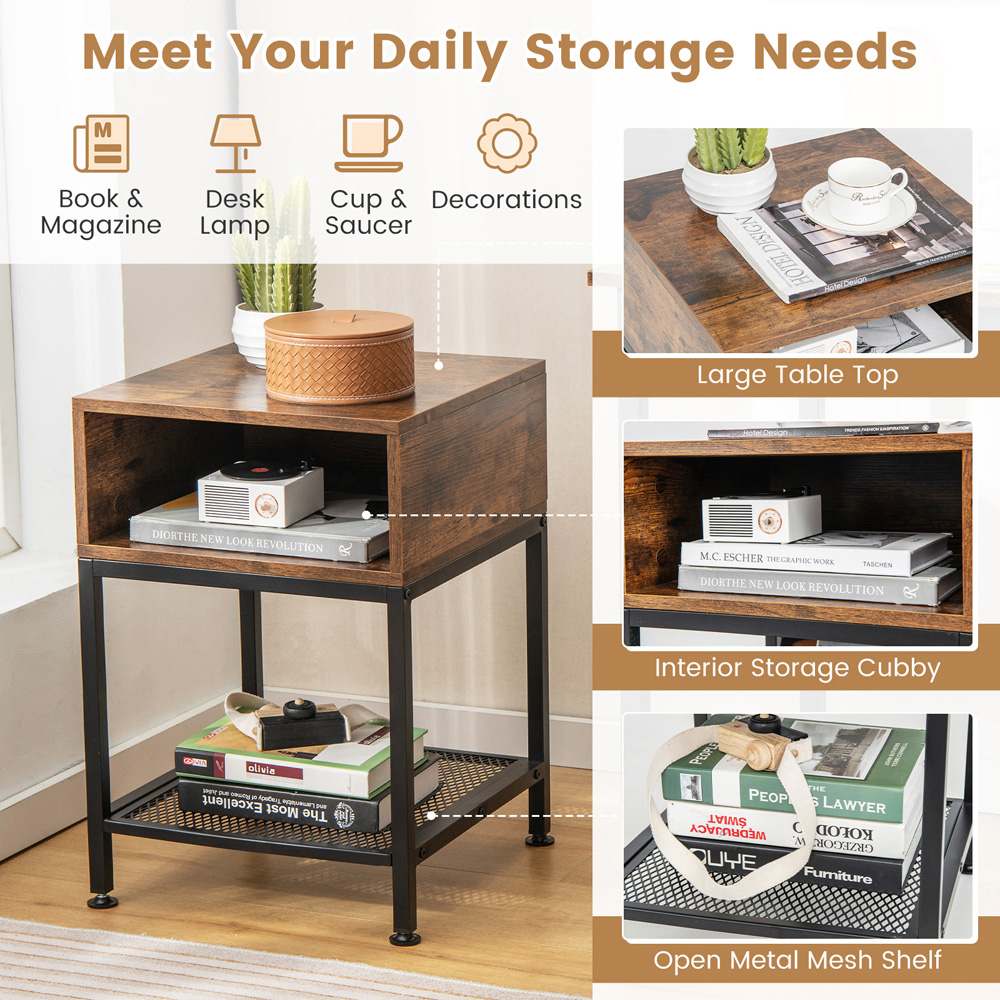 Costway 2 Shelf Brown Mesh Square Side Table Image 7
