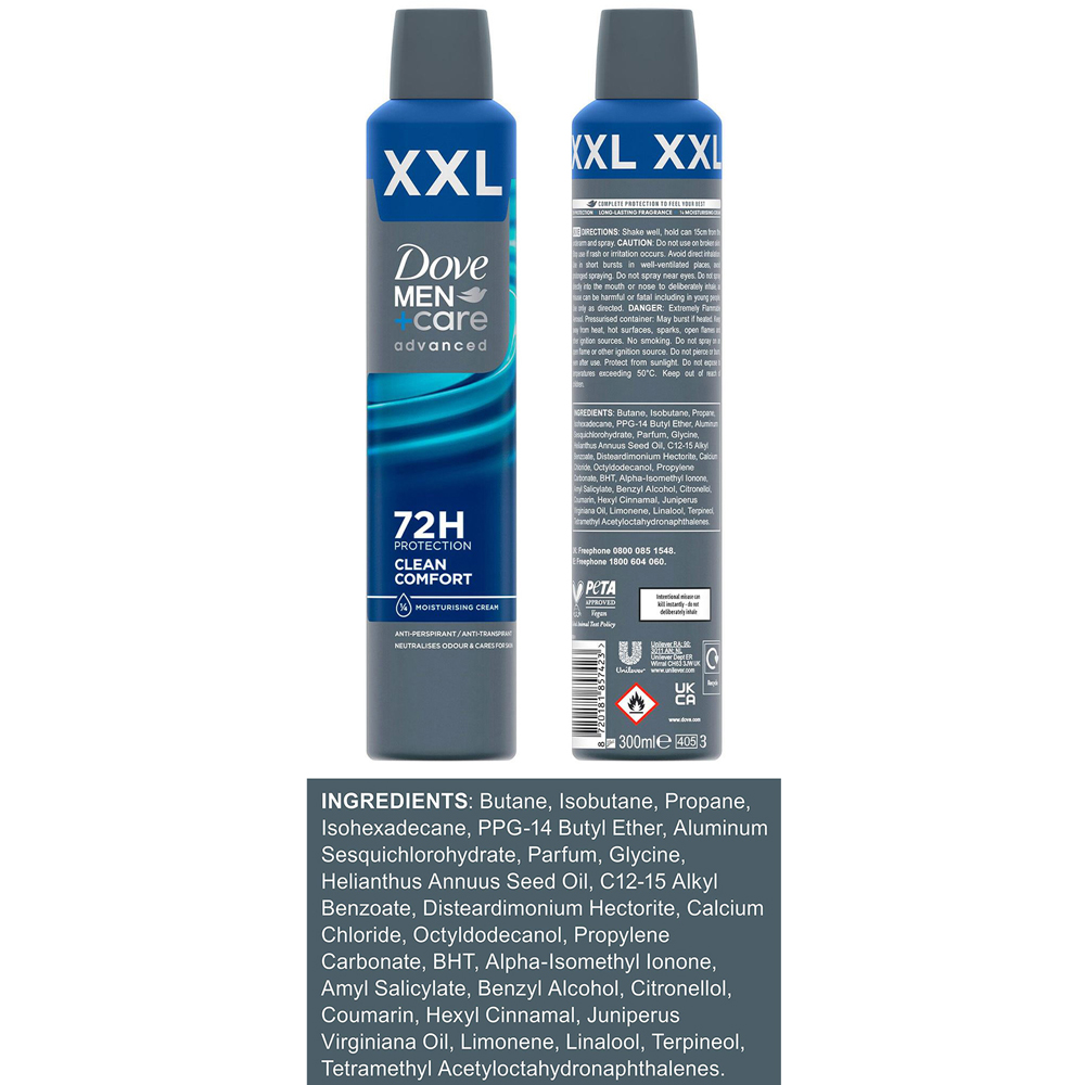 Dove Men+Care Advanced XXL Antiperspirant Aerosol Deo Clean Comfort 300ml 6 Pack Image 8