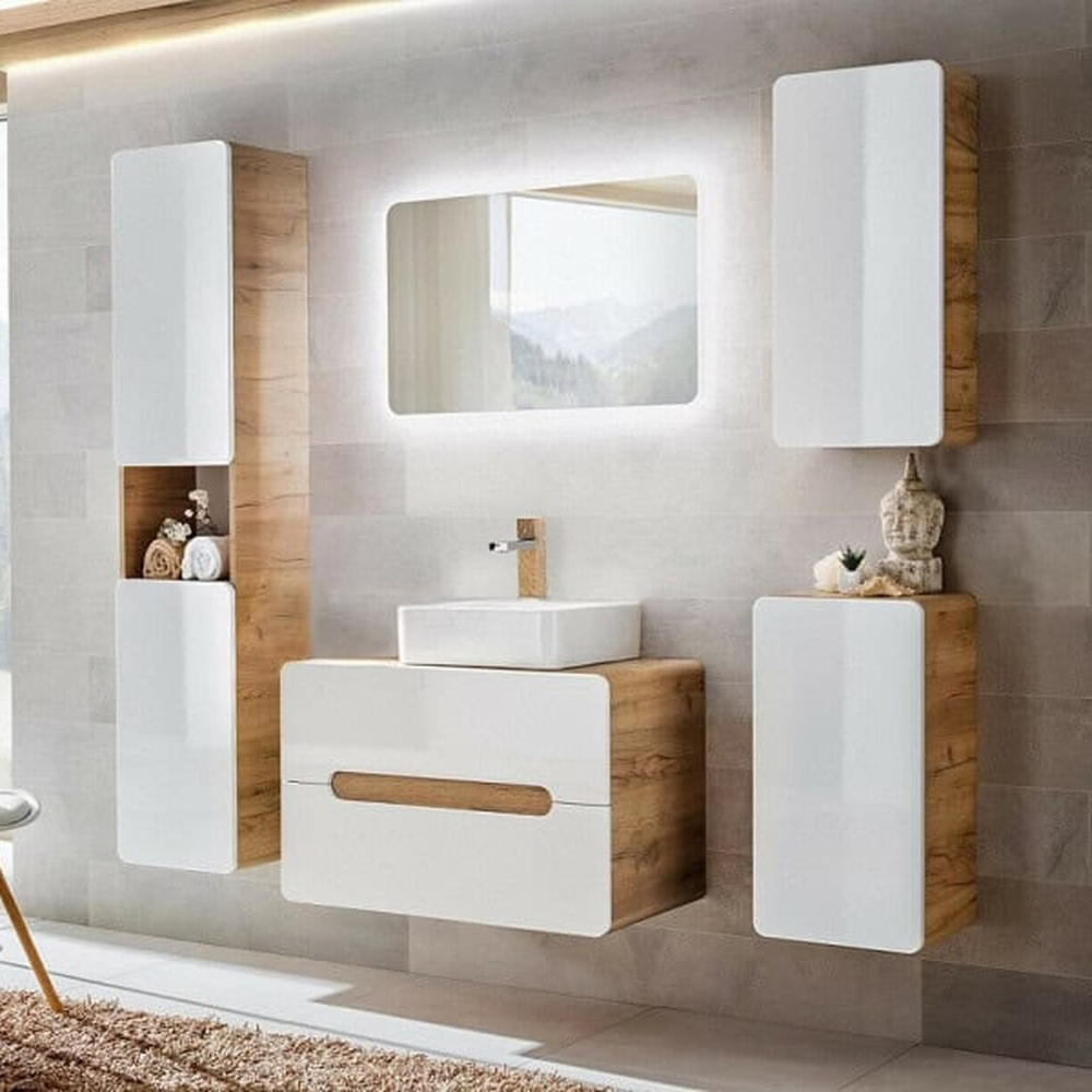 Impact Furniture Aruba White Gloss and Oak Wall Mounted Bathroom Furniture Set Image 8