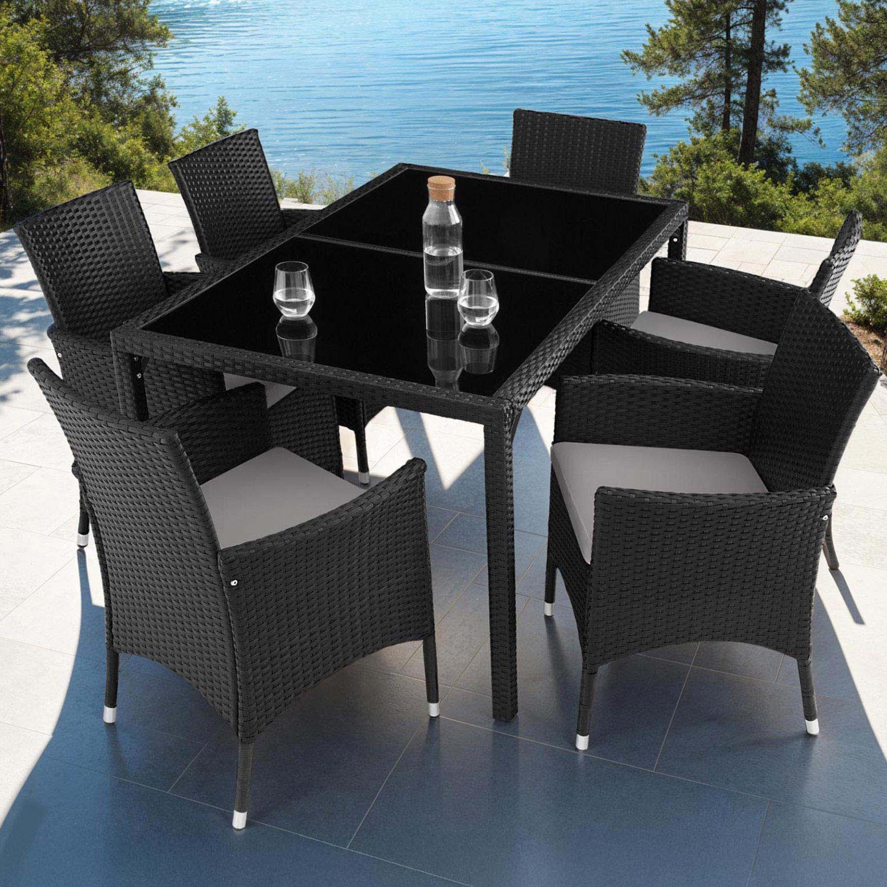 tectake Lisbon 6 Seater Rattan Garden Dining Set Black and Grey Image 1