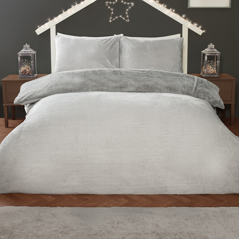 Star Embroidered Faux Fur Duvet Set Silver Double Image 2