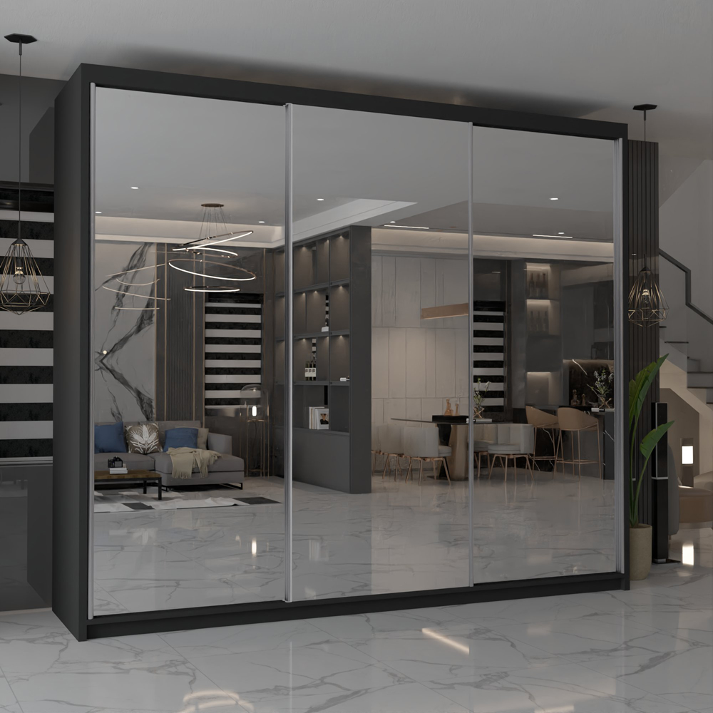 M N Furniture Modern Gala 3 Door Black Mirrored Sliding Wardrobe 250cm Image 3