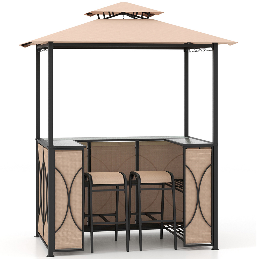 Costway 2.42 x 1.21m Brown Grill Gazebo with 2 Bar Stools and Tempered Glass Bar Table Image 2