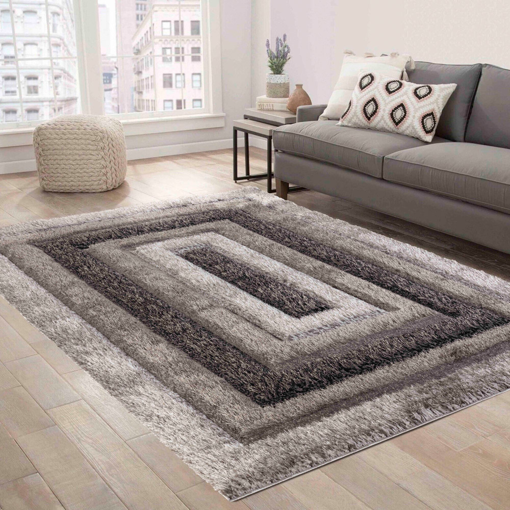 Desire Rug Modern Grey Bordered Shimmer Soft Shaggy Area Rug 60 x 220cm Image 4