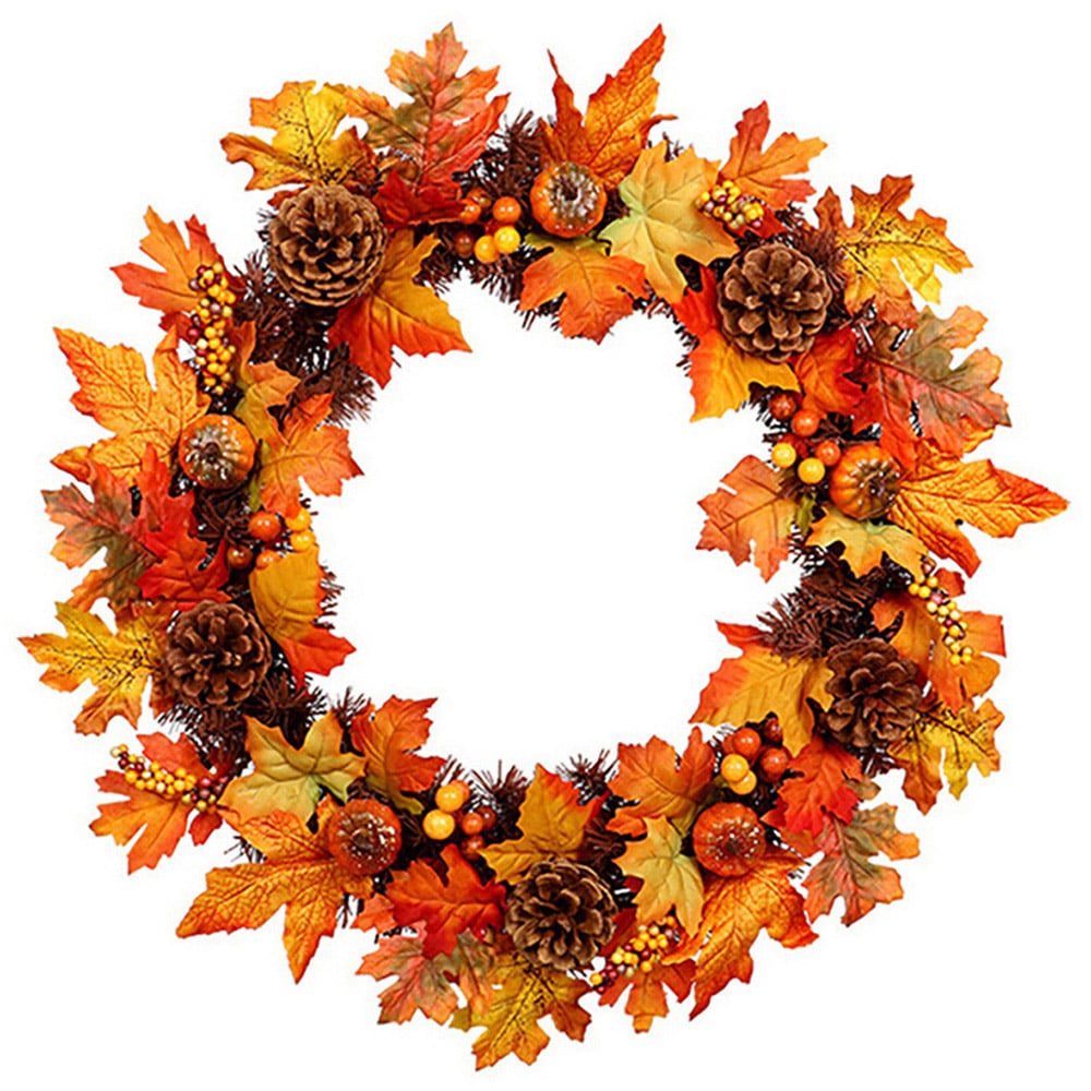 Living and Home LED Wreath with Maple Leaves Pumpkins Berries and Pinecones 60cm Image 1