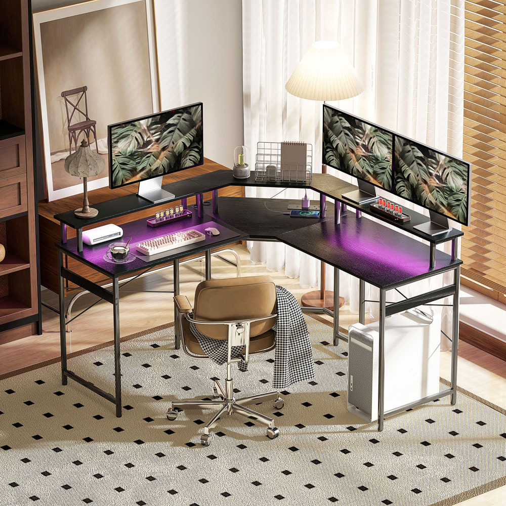 HOMCOM L-Shap Corner Computer Desk with Monitor Stand Black Image 4