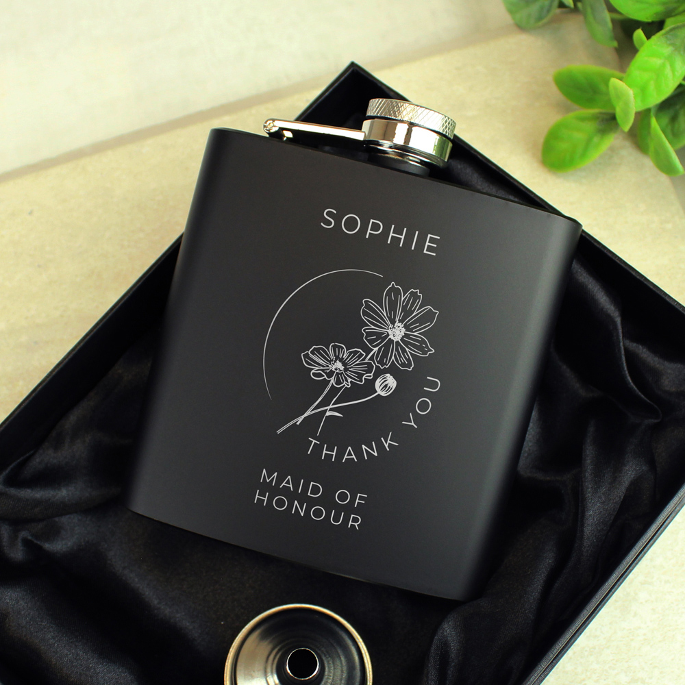 Personalised Memento Personalised Monochrome Black Floral Wedding Party Hip Flask Image 3