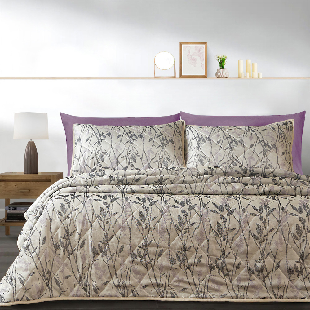Velosso Wilder Super King Size Lilac Jacquard Leaves Trail Quilted Bedspread Set Image 1