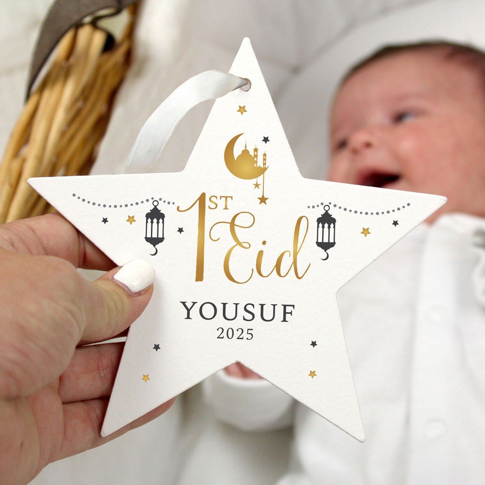 Personalised Memento Personalised 1st Eid Wooden Star Decoration Image 3