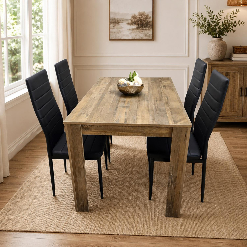 Kosy Koala 4 Seater Wood and Faux Leather Dining Set Rustic Effect and Black Image 2