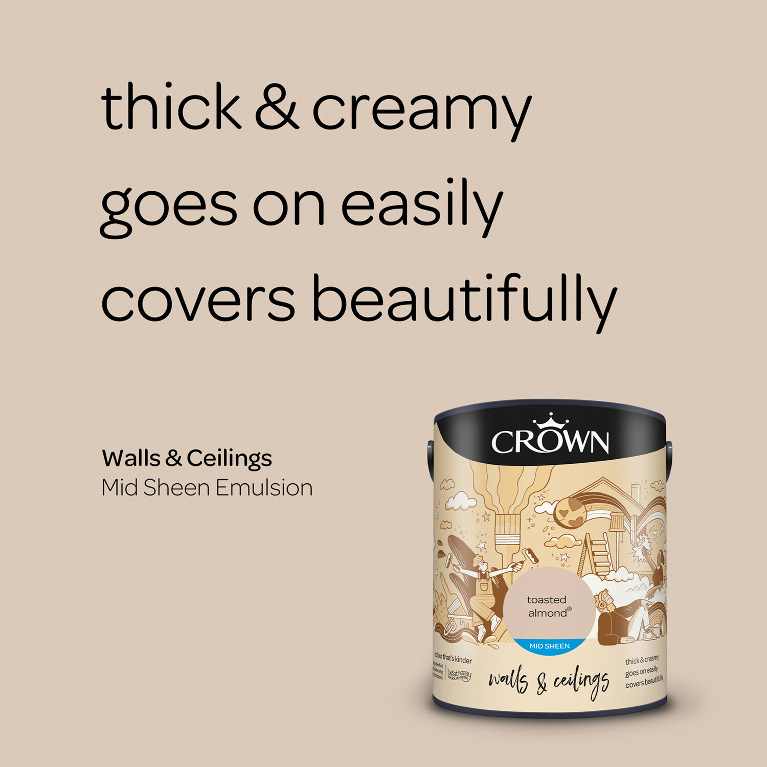 Crown Walls & Ceilings Toasted Almond Mid Sheen Emulsion Paint 5L Image 8