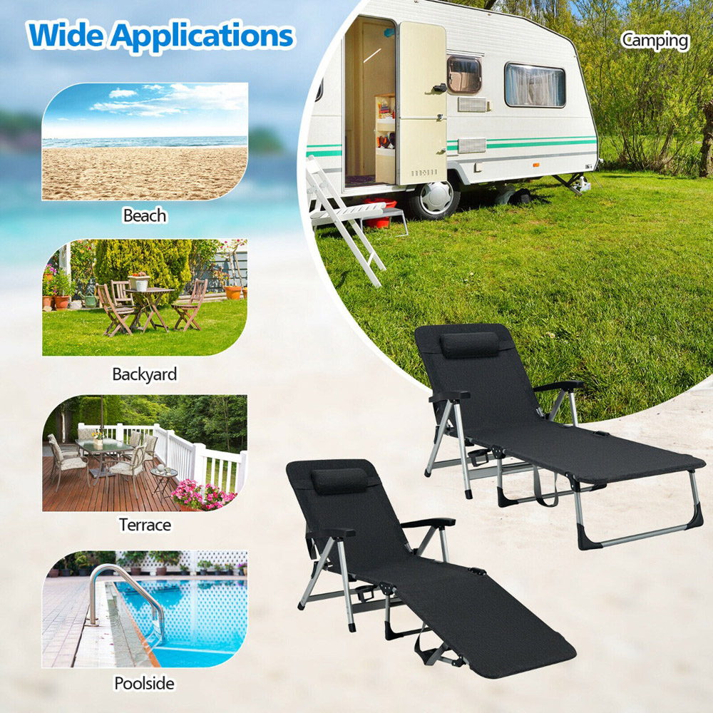 Costway Black Foldable Outdoor Chaise Lounger with Detachable Pillow Image 4