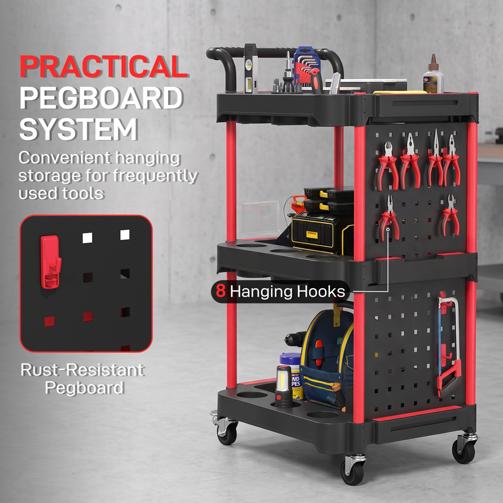 HOMCOM 3-Tier Black and Red Rolling Tool Cart with Pegboard and Hooks Image 8