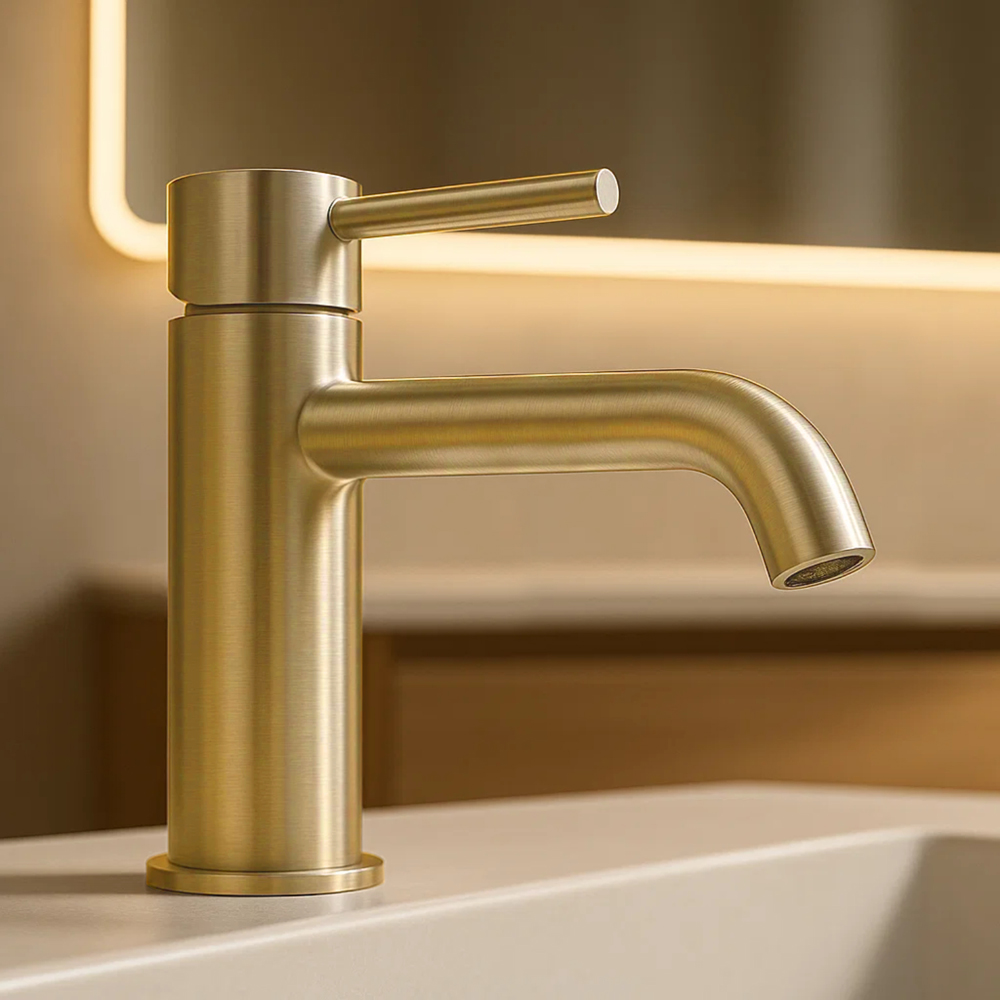 Go Bathrooms Gold Swivel Handle Basin Mixer Tap with Click Waste Image 2