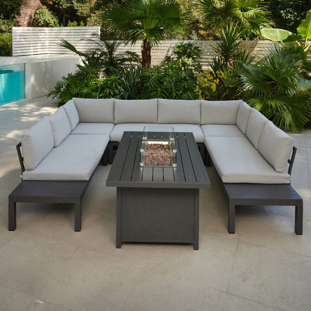 Home Detail Bahila 8 Seater Dark Grey U Shape Garden Sofa Set with Fire Pit Table Image 1