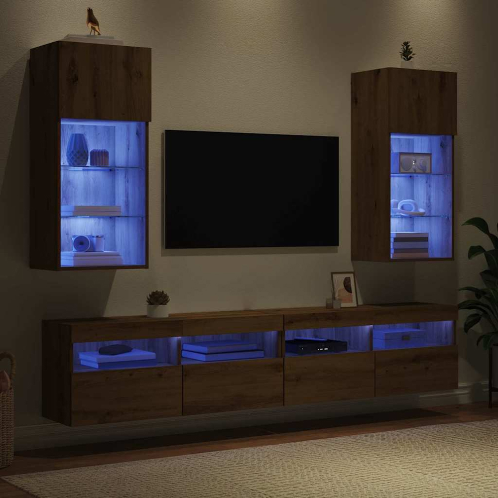 vidaXL Single Door 3 Shelf Artisan Oak Wide Wall Mounted LED TV Unit Set of 2 Image 9