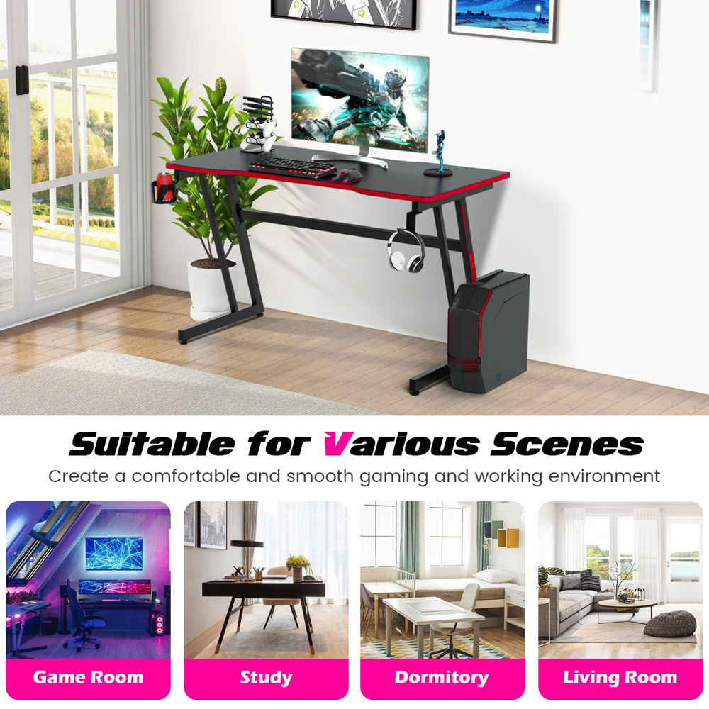 Costway Z-Shaped Computer Desk with Headphone Hook and Cup Holder Red Image 7