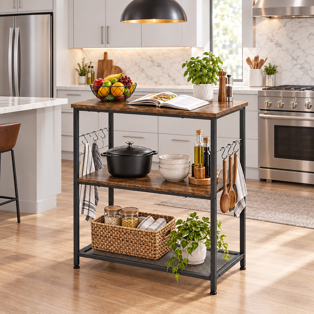 Modcraft 3 Shelf Rustic Brown and Black Kitchen Island with Hooks Image 4