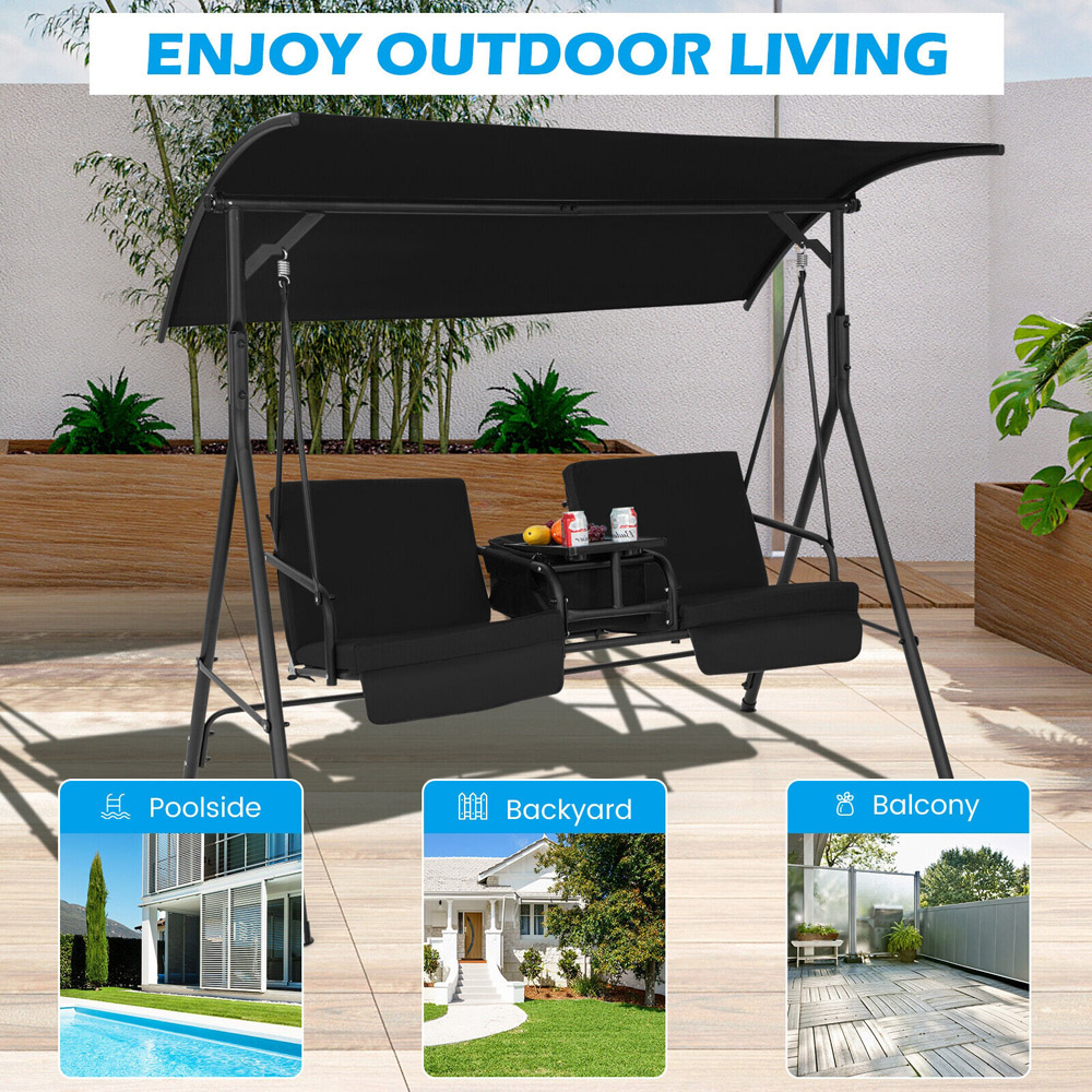 Costway 2 Seater Black Garden Swing Chair with Canopy and Cooler Bag Image 5