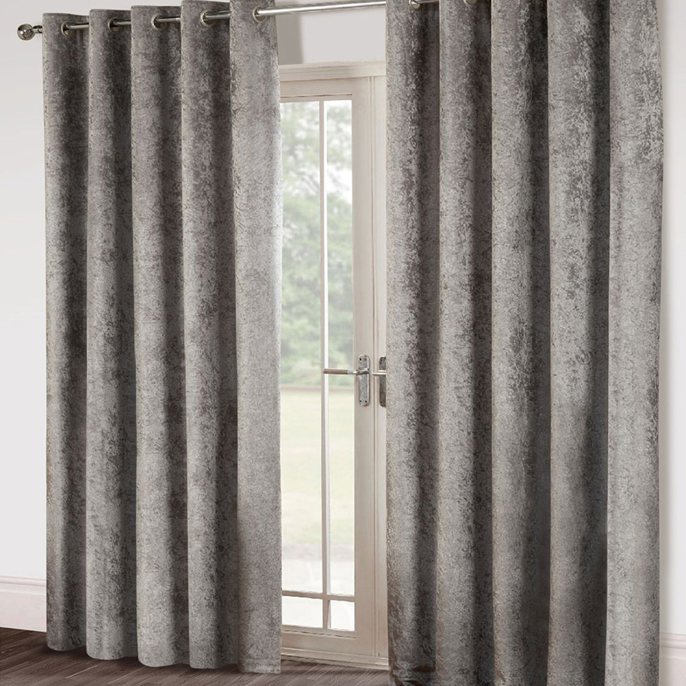 Alan Symonds Silver Crushed Velvet Ring Top Eyelet Curtains 229 x 183cm Image 1