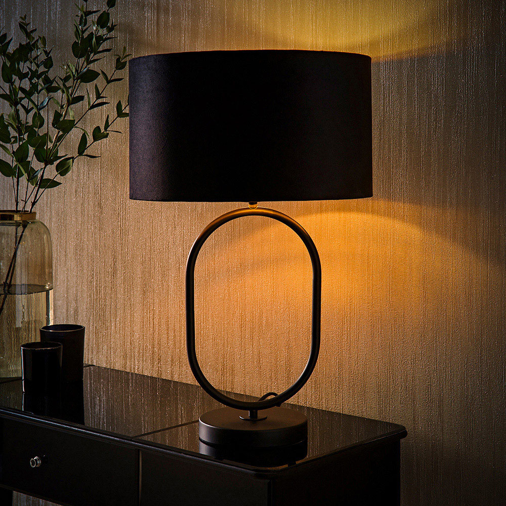 ValueLights Antonia Black Velvet and Gold Drum Shade Matte Black Oval LED Table Lamp Image 2