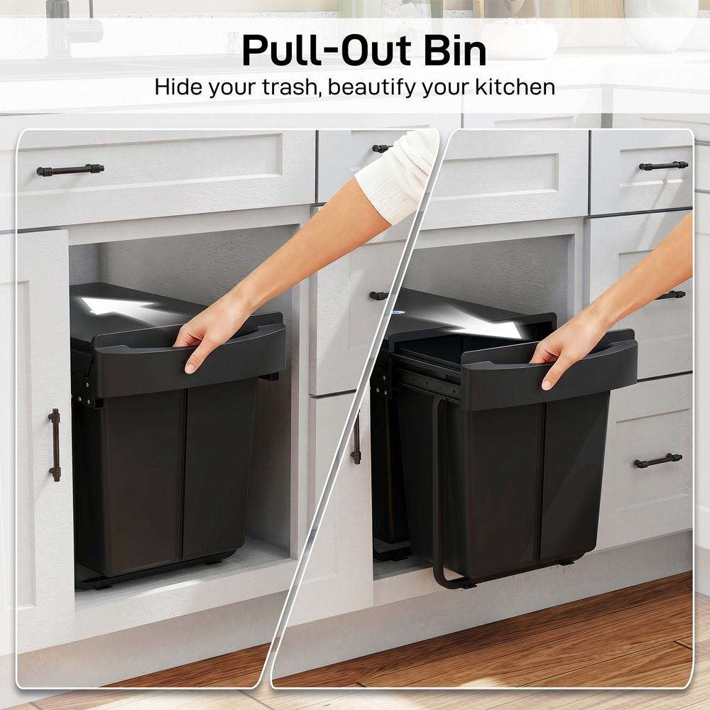 HOMCOM 2 Compartment Black Steel Pull Out Kitchen Recycling Cupboard Bin 40L Image 3
