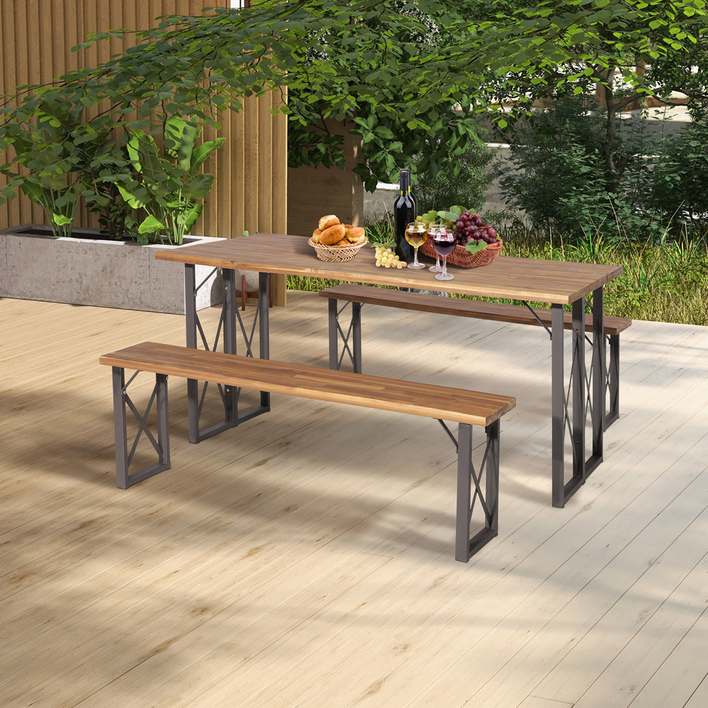 Costway 6 Seater Acacia Wood Outdoor Dining Bench Set with Umbrella Hole 4.5cm Image 3