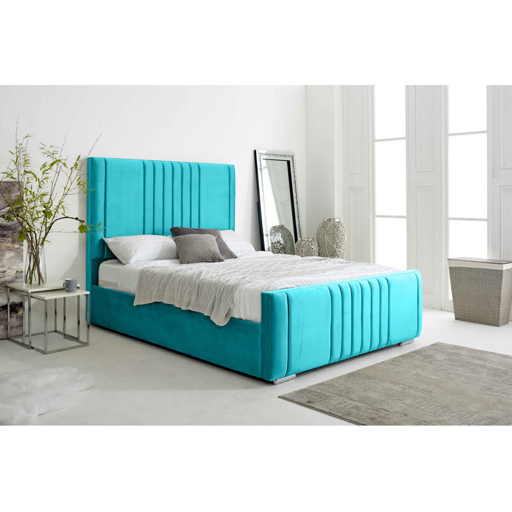 Eleganza Home Willard Small Double Teal Plush Velvet Bed Frame with Headboard Image 3