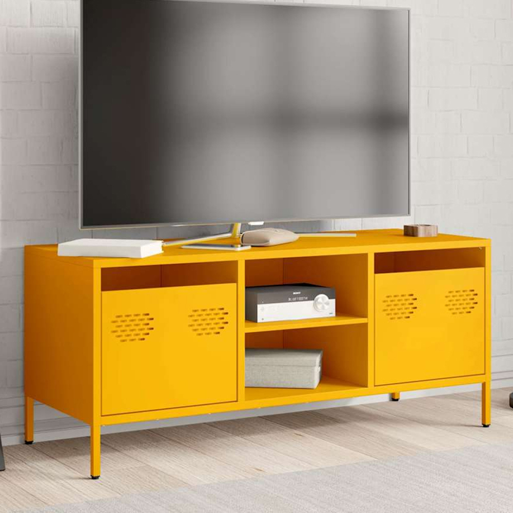 vidaXL 2 Drawer 2 Shelf Mustard Yellow Steel Industrial Style TV Cabinet Image 1