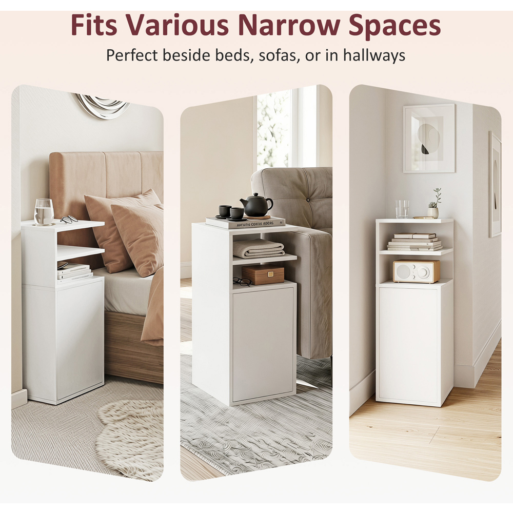 HOMCOM Single Door White Slim Bedside Table with Open Cubbies Set of 2 Image 8