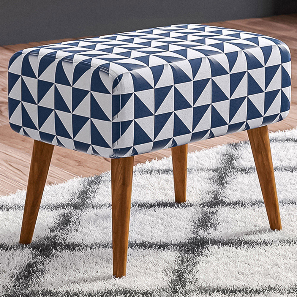 Living and Home Blue and White Mid Century Patterned Ottoman Footstool with Walnut Legs Image 1