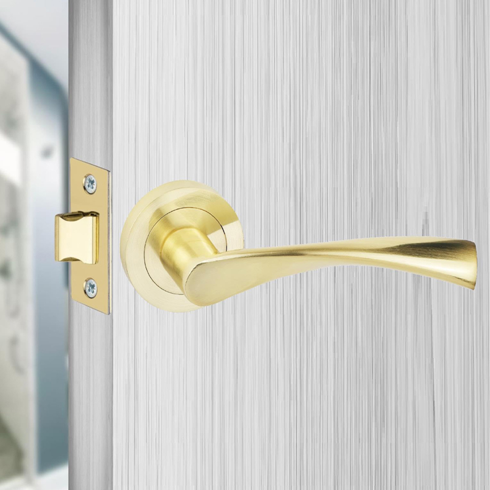 Golden Grace Astrid Satin Brass Door Handles Euro Lock Key and Thumbturn Set 70mm Image 2