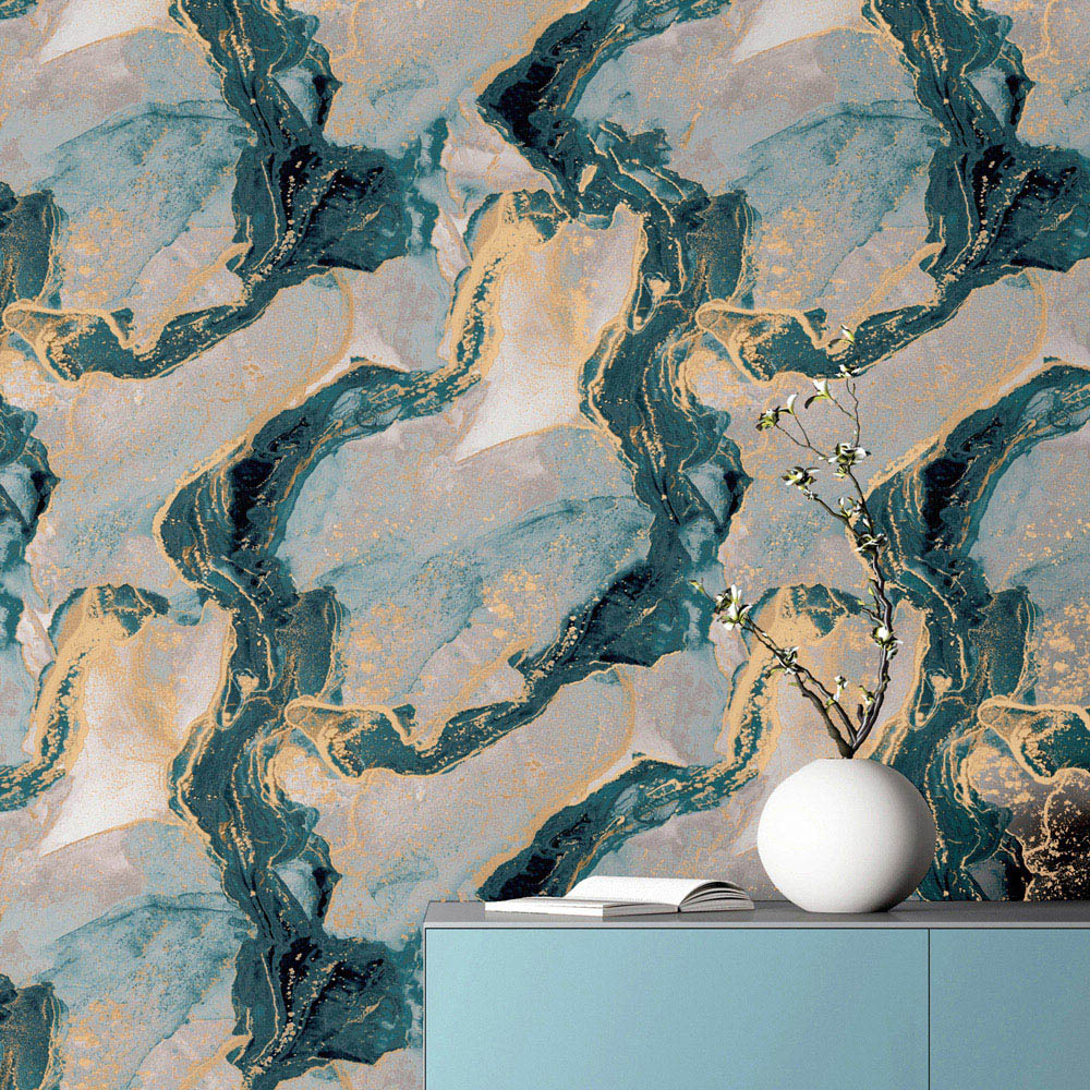 Arthouse Abstract Marble Teal and Gold Wallpaper Image 6