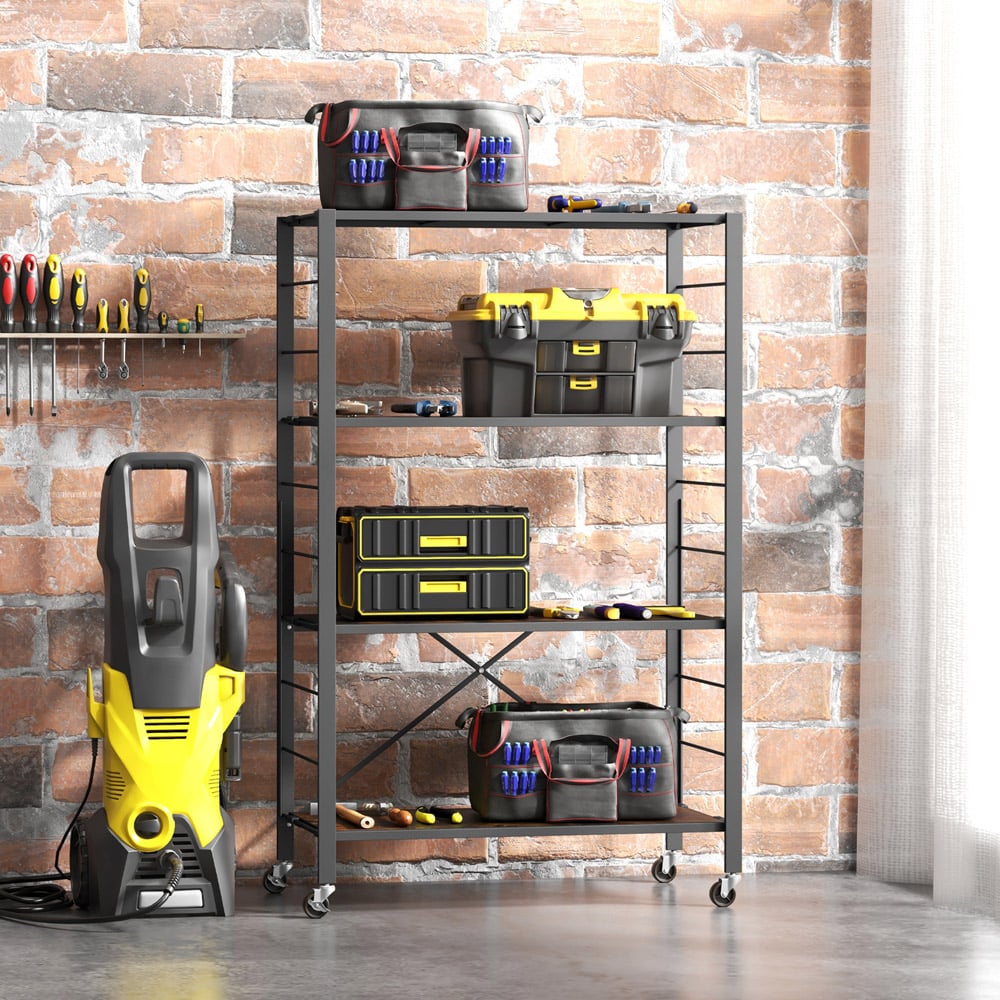 Costway 3 Shelf Black Metal Folding Wheeled Shelving Rack Image 4