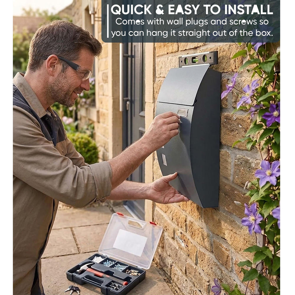 ATEK Black Steel Large Wall-Mounted Lockable Letterbox with 2 Keys Image 8