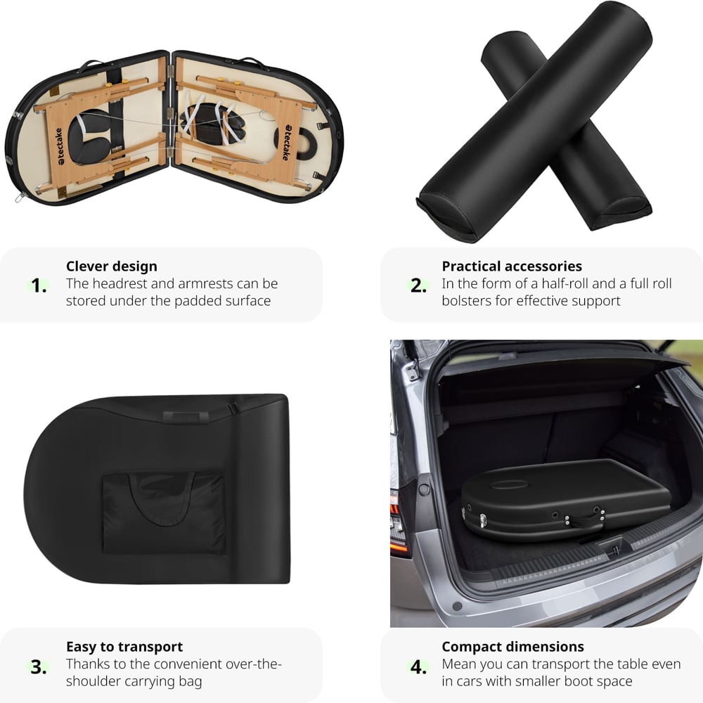 Massage Table - oval, 3-zone bed, with bolsters, carry bag, head- and armrests - Black Image 3