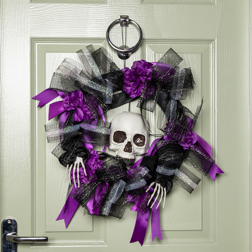 Samuel Alexander Halloween Black and Purple Hanging Skull Wreath Decoration 45cm Image 2