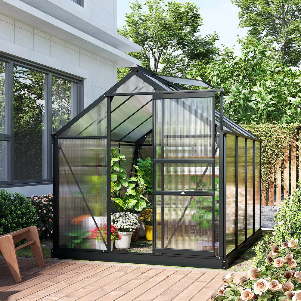 Outsunny 6 x 8ft Black Galvanised Aluminium Polycarbonate Walk In Greenhouse Image 4