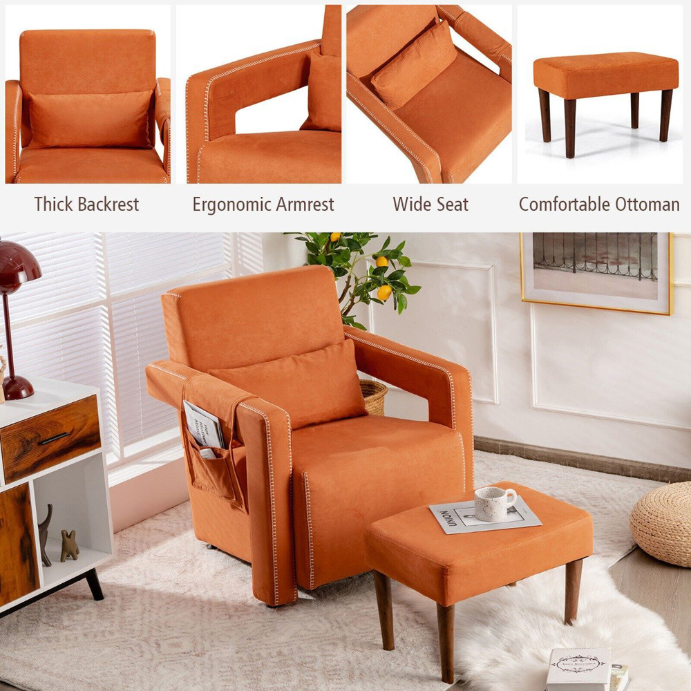 Costway Orange Padded Accent Chair with Footstool Image 6