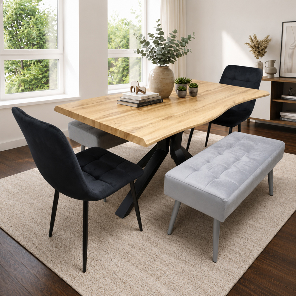 Kosy Koala 6 Seater Velvet Wooden Rectangle Dining Set with Bench Black and Grey Image 1