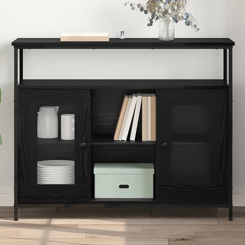 vidaXL 2 Glass Door 3 Shelf Black Oak Sideboard Image 1
