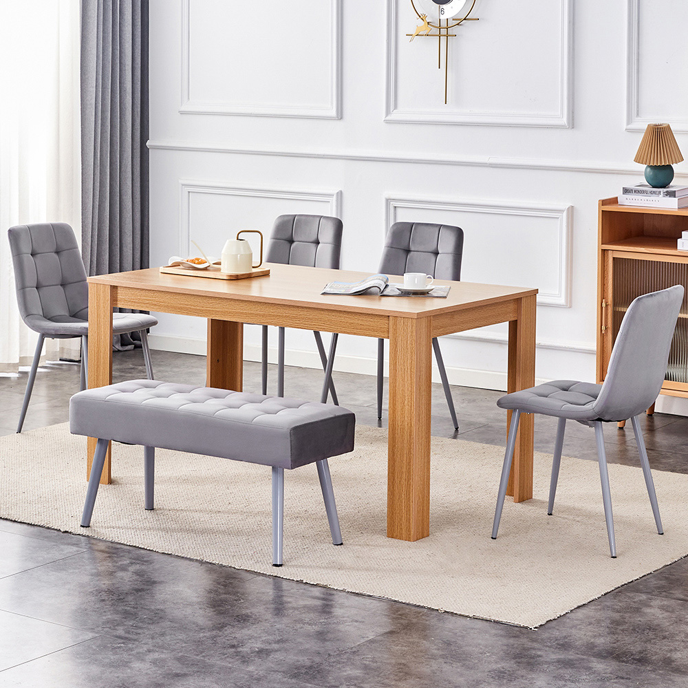Kosy Koala 6 Seater Dining Set with Bench Oak Effect and Grey Velvet Image 1