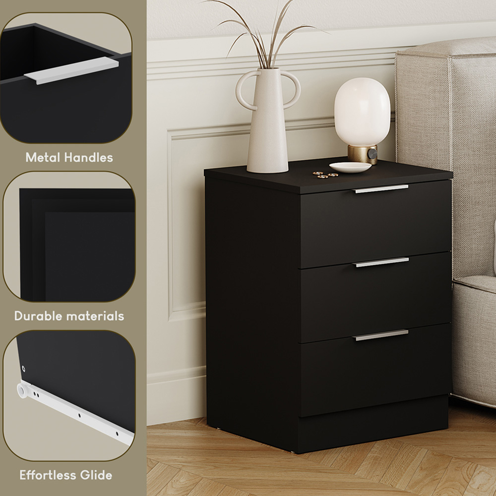 VIDA DESIGNS Trega 3 Drawer Black Bedside Cabinet Set of 2 Image 6