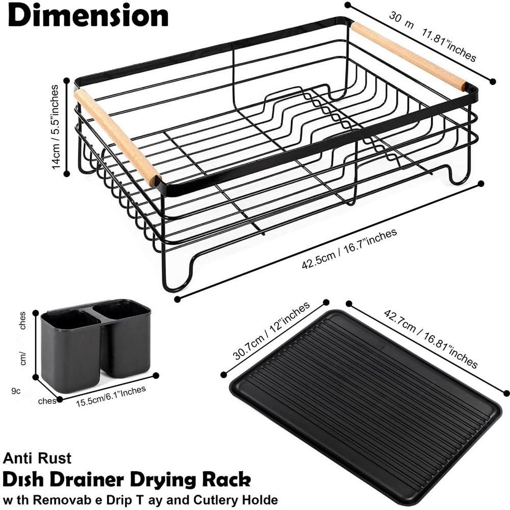 ATEK Black Wooden Handle Dish Drying Rack with Drain Tray and Cutlery Holder Image 8