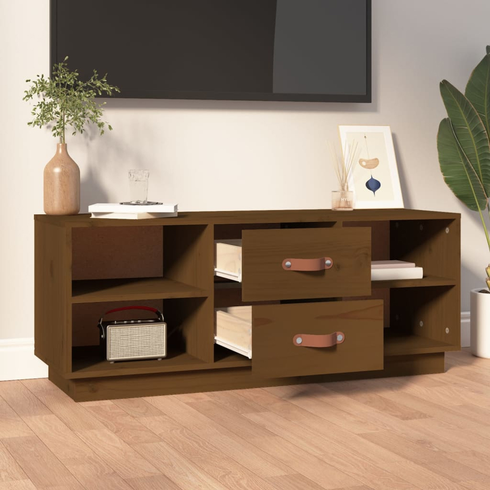 vidaXL 2 Drawer 4 Shelf Honey Brown Solid Pine Wood TV Cabinet Image 3