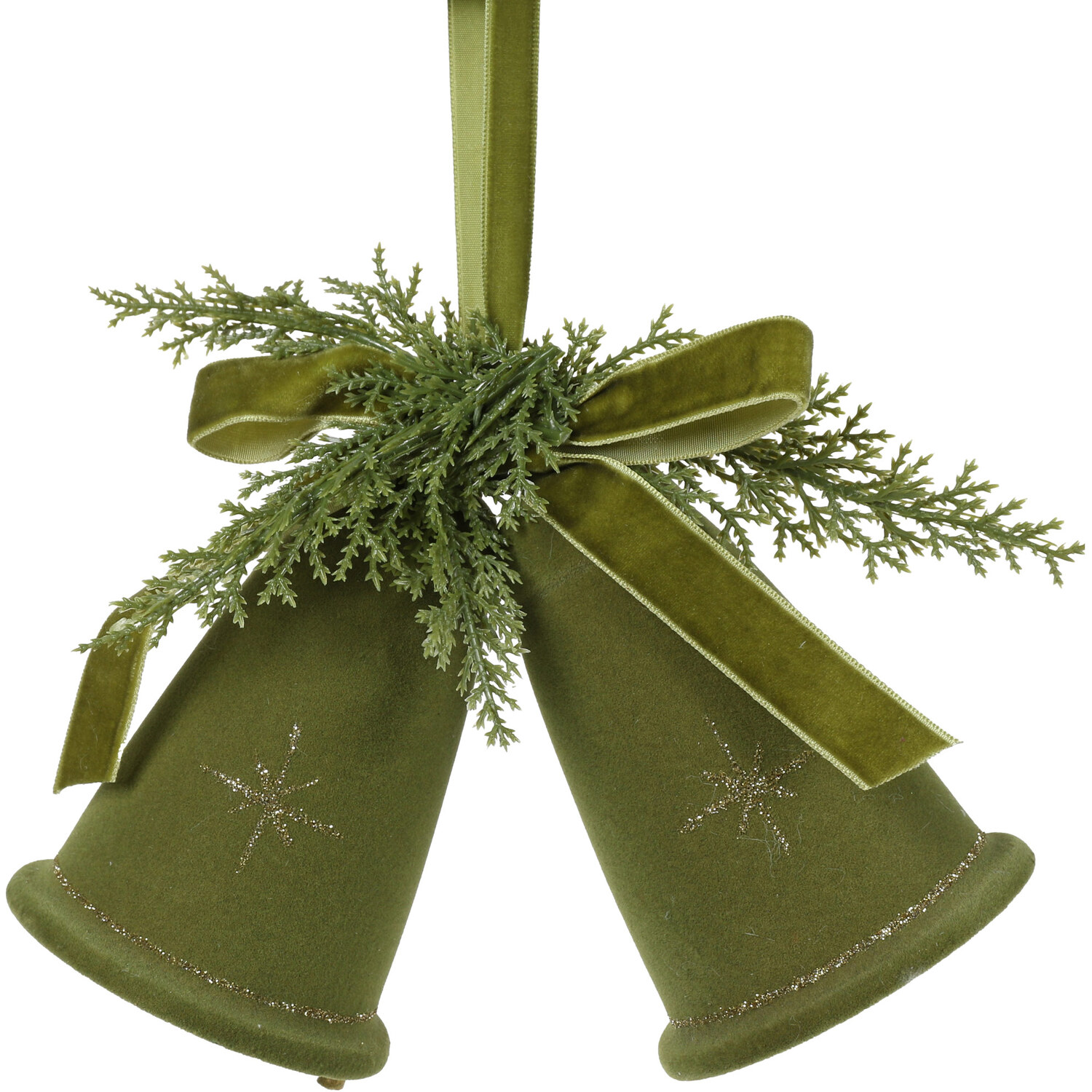 Flocked Green Hanging Bells Image 1