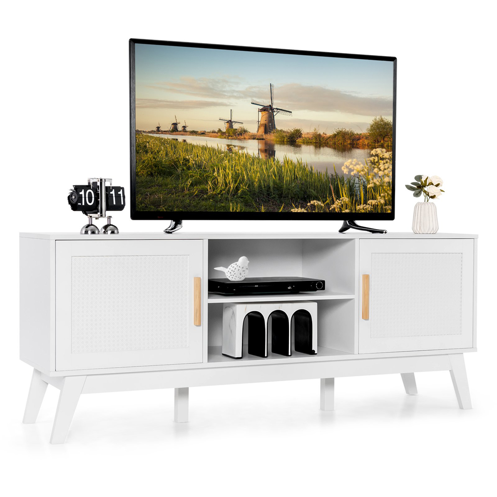Costway 2 Door White Rattan TV Unit Image 2