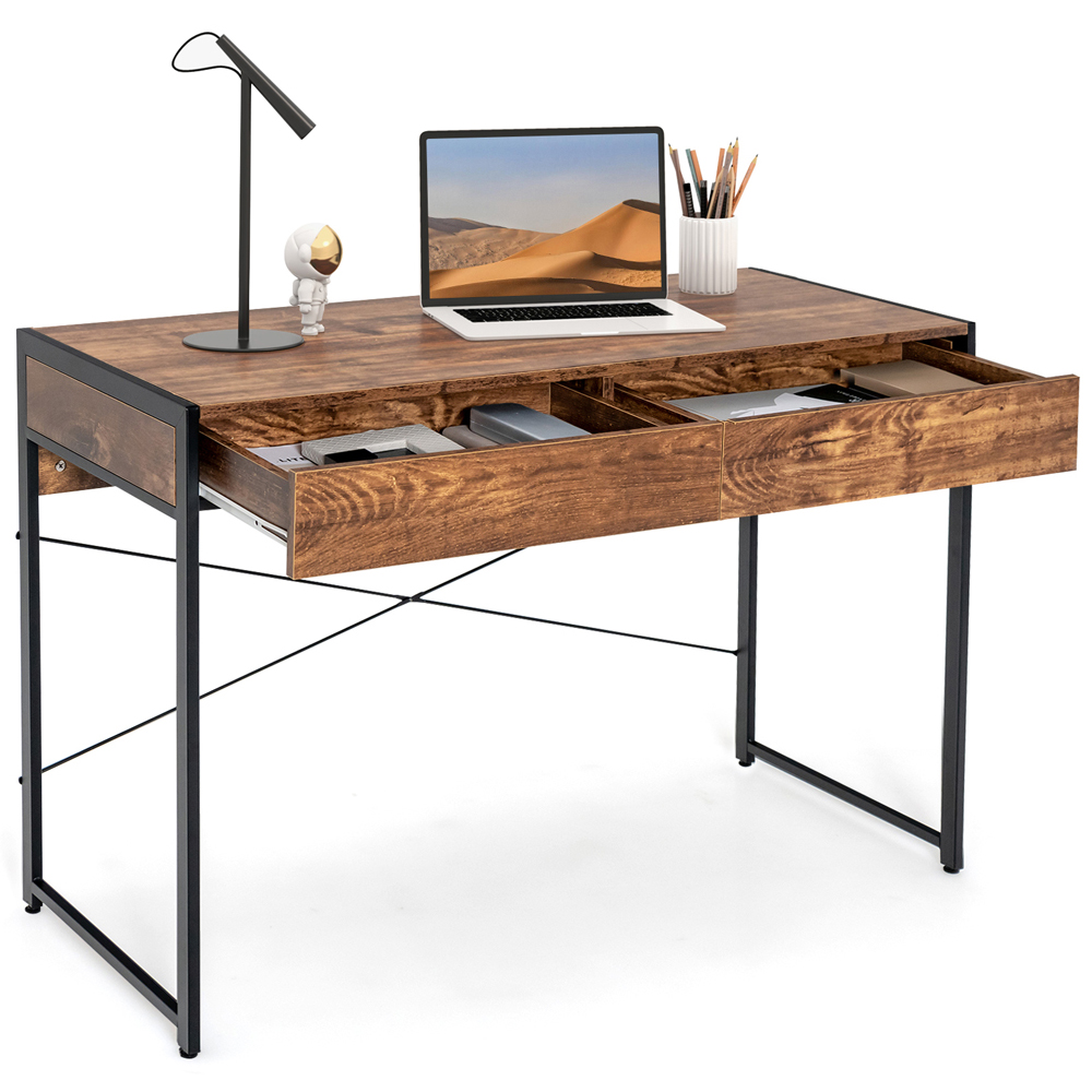 Costway 2 Drawer Computer Desk Rustic Brown Image 3